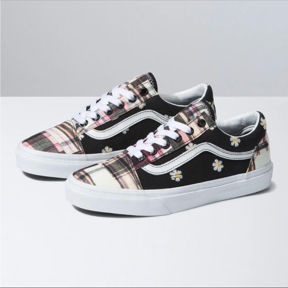 Vans Black White Old Skool In Bloom Floral Plaid Patchwork Sneakers NWOT‎ Size 8